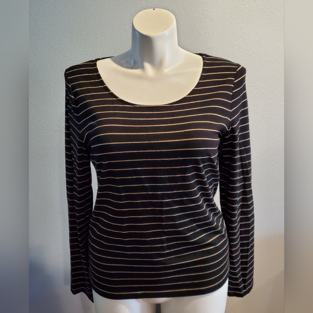 Lauren Ralph Lauren Women's Black/Beige Striped Long Sleeve Top Xl